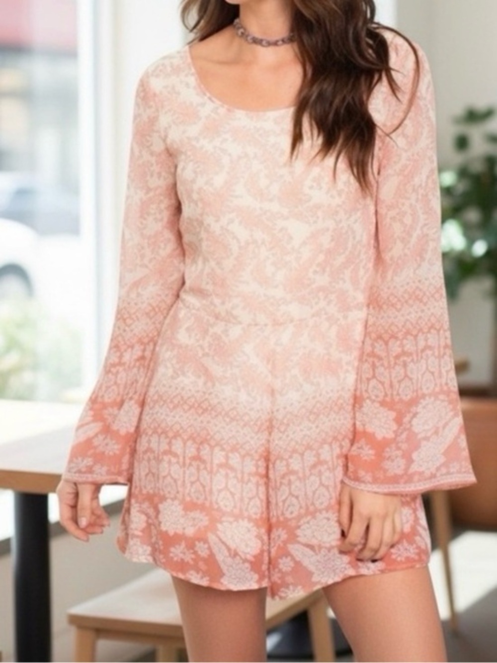 Bell Sleeves Deep V Back Peaches & Cream Romper